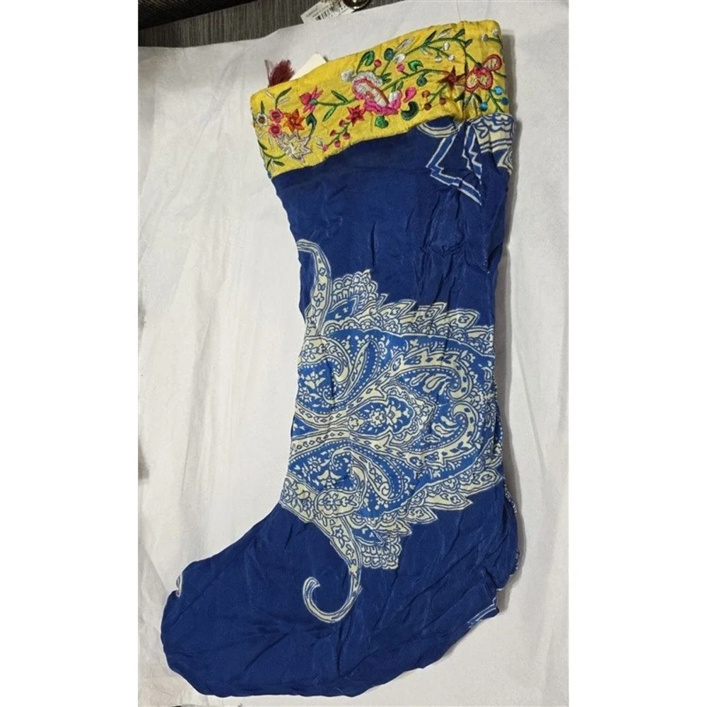 NWT Johnny Was Lux Christmas Reversible Stocking Embroidered Ribbon 129913